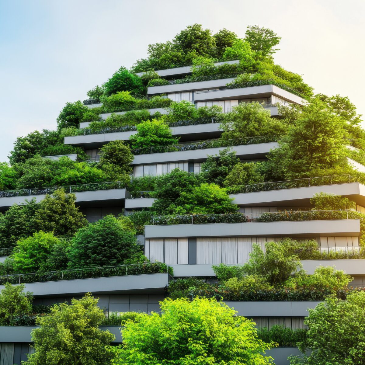 Eco-friendly pyramid building, green architecture, urban nature