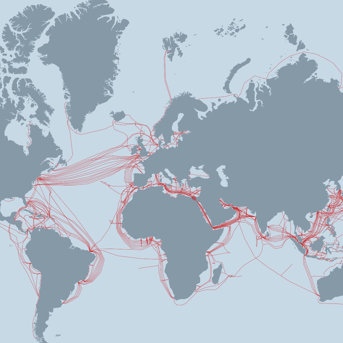 Carte mondiale des câbles internet sous-marins reliant les continents et les principaux hubs de data centers
